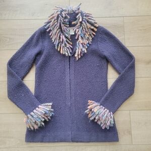 Free People Large Purple Wool Blend Cardigan Colorful Fringe Hook Eye. Bohemian
